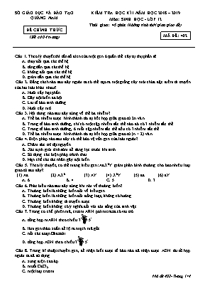 Đề kiểm tra học kì I môn Sinh học Lớp 12 - Mã đề 402 - Năm học 2018-2019 - Sở giáo dục và đào tạo Quảng Nam